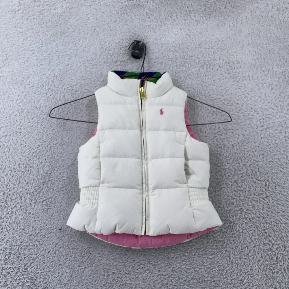 Polo Ralph Lauren Girls 2T Reversible Down Puffer Vest Pink‎ White Quilted Pony